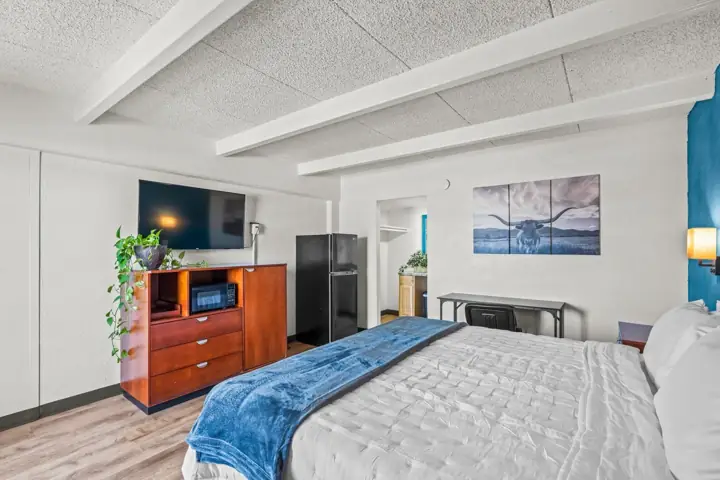 A hotel room with a bed, a dresser with a plant, a wall-mounted TV, and a view of a cow painting on the wall
