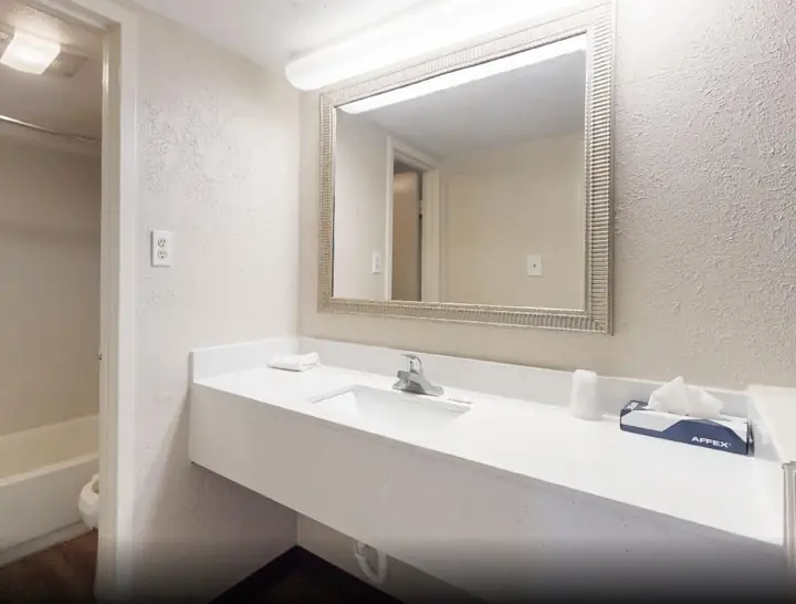 Bathroom vanity with a large mirror and white counter