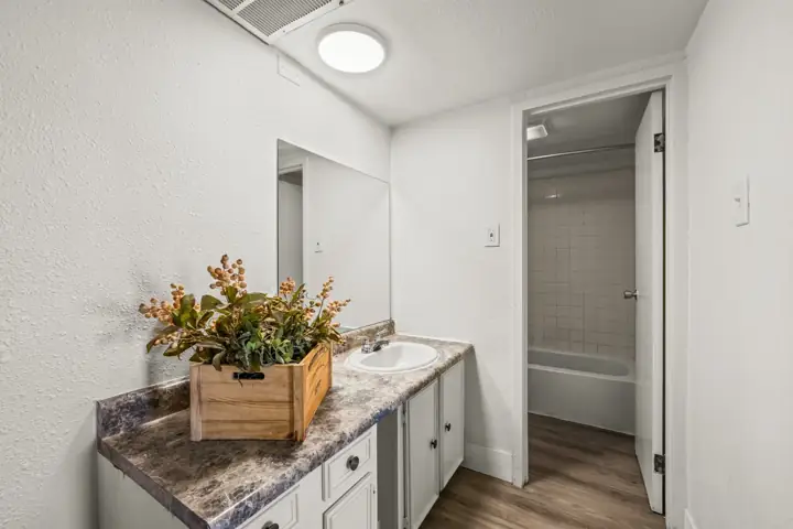 Bathroom with a small sink and countertop, and a closed door leading to a shower area with white tiles and bathtub