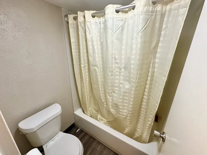Bathroom with a toilet and shower curtain