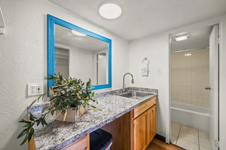 Bathroom with granite countertop, wooden cabinet, mirror with blue frame, plant, stainless steel sink, towel ring, and a