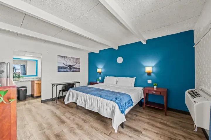 Hotel room with a bed against a blue accent wall, two nightstands with plants, wall-mounted lights, a small desk, and a