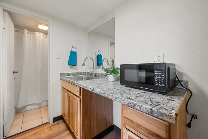Kitchenette with a microwave and sink next to the bathroom