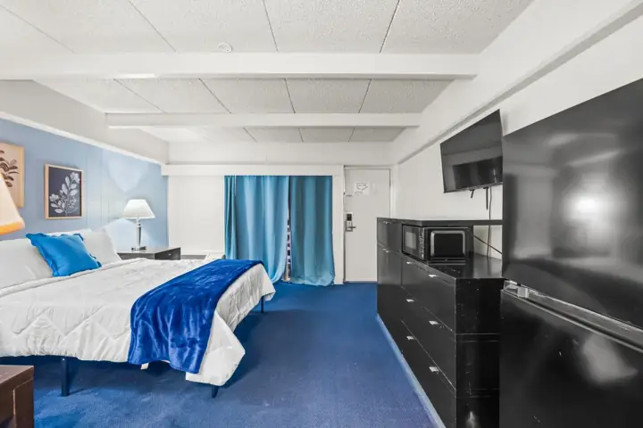 Room with bed, blue accents, a TV, a microwave, and curtains in a hotel room