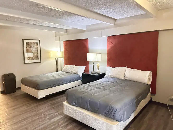 Two beds with gray bedding and red headboards